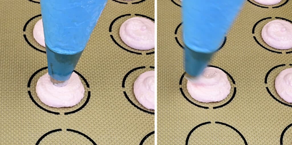 Piping macaron shells on a silicone mat