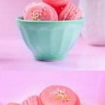 Pink macarons in a blue bowl