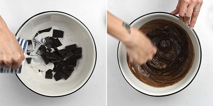 Pouring coconut milk over chocolate in a bowl and mixing together