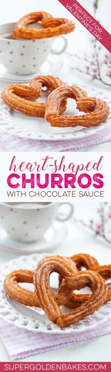 Surprise your loved one with these totally irresistible heart-shaped churros with chocolate sauce. Perfect for Valentine's day!