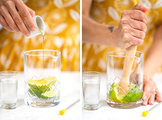 Preparing a Beergarita collage - muddling limes with agave syrup