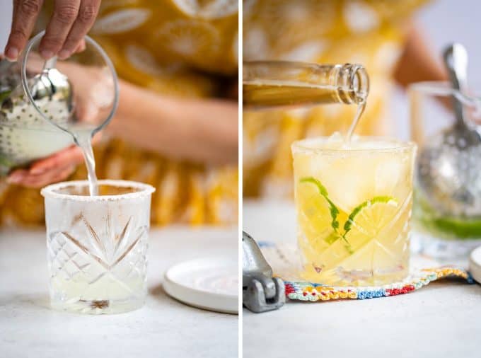 Pouring margarita mix into a glass and topping with beer collage
