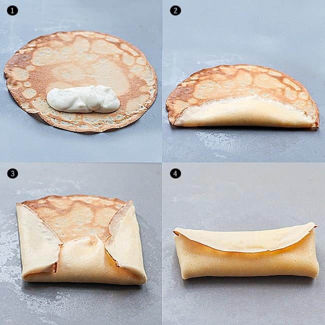 Collage showing how to fill a blintz pancake