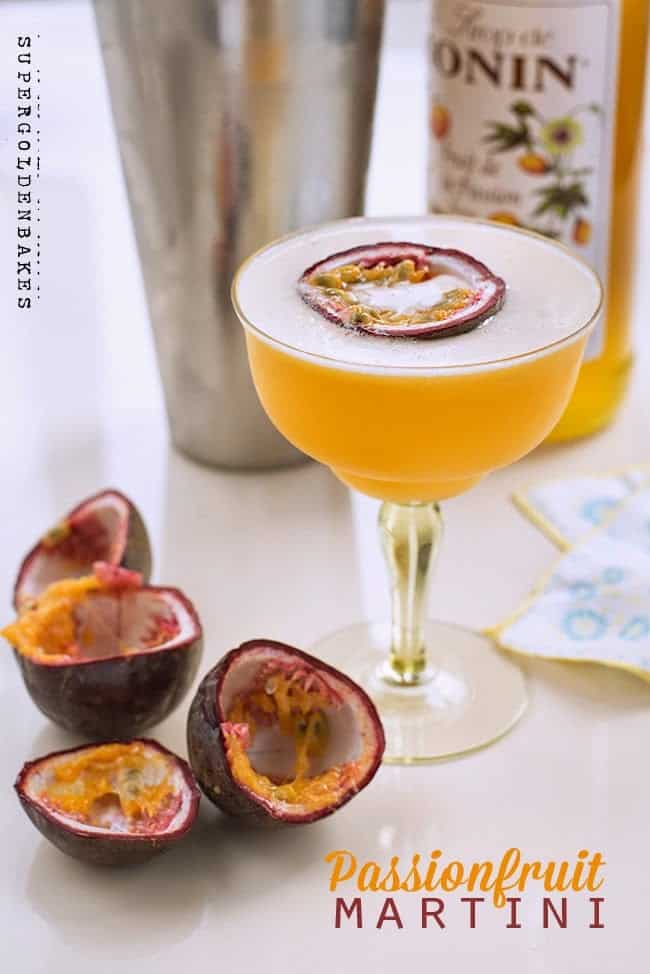 Close up on a passion fruit cocktail served in coupe cocktail glass with a thin slice of passion fruit 