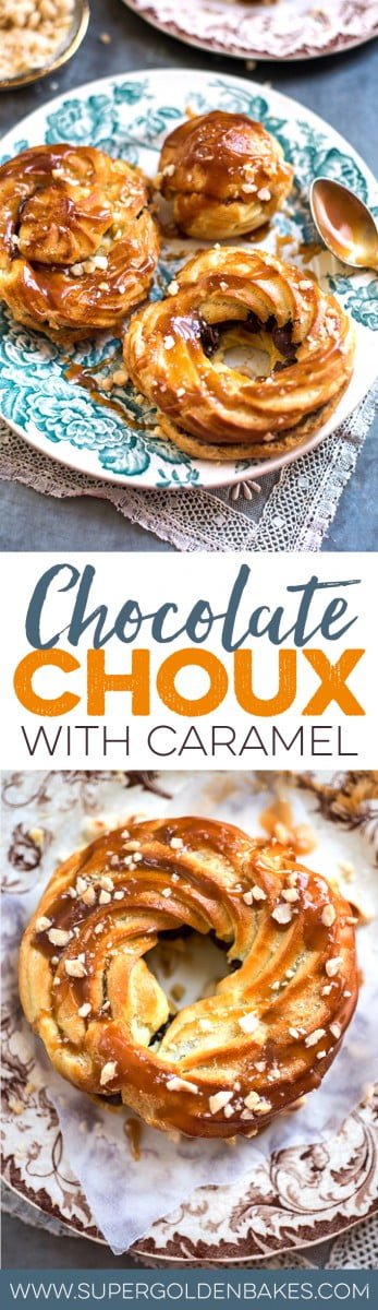Choux filled with chocolate ganache and drizzled with salted caramel – a wonderful dessert that will make chocoholics drool! | Supergolden Bakes