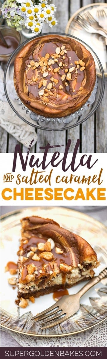 This baked Nutella and salted caramel cheesecake is out of this world delicious! Make it a day ahead to allow for it to set before serving #cheesecake #Nutella | Supergolden Bakes
