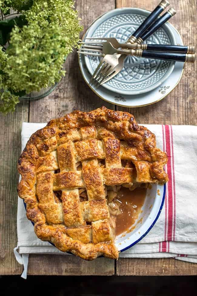 Overhead shot of apple pie with lattice pie crust