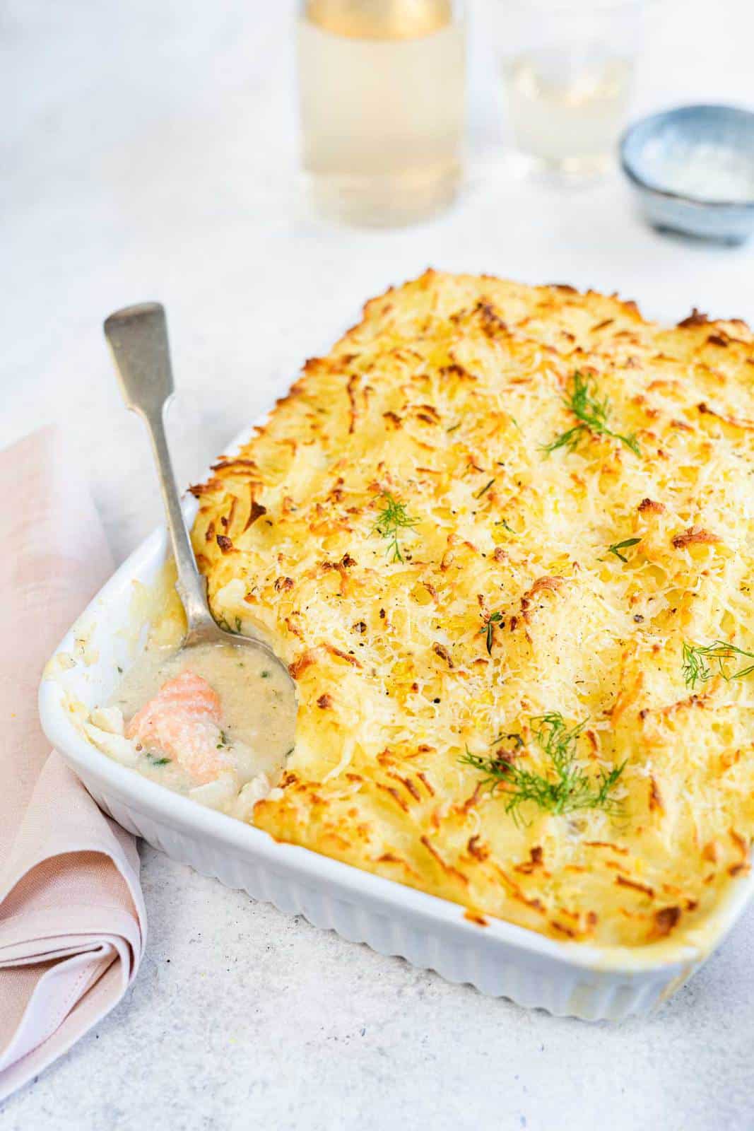 Classic fish pie: cod, salmon and smoked haddock in a rich white sauce topped with mashed potatoes