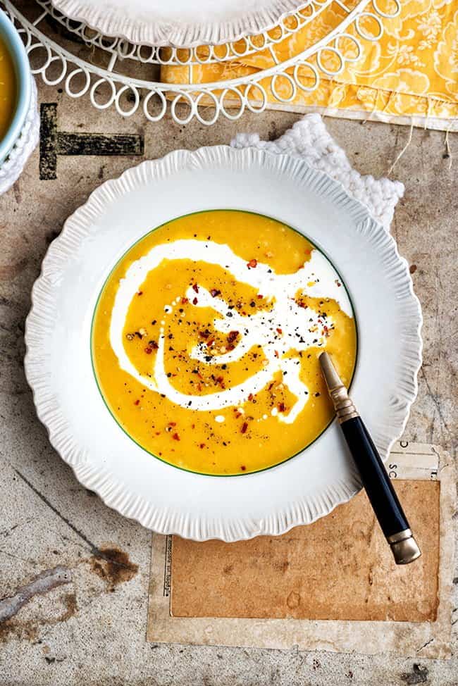 Creamy Carrot and Parsnip Soup served in a wide bowl