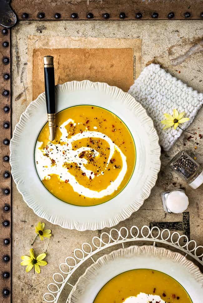 Vegan red lentil soup with carrots and parsnips