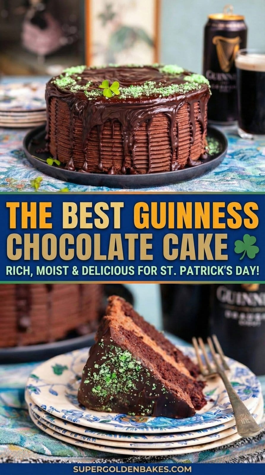 A rich Guinness chocolate cake covered in chocolate glaze and green sprinkles sits on a plate, with a slice cut out. Text overlay reads: The Best Guinness Chocolate Cake – Rich, Moist & Delicious for St. Patrick’s Day!.