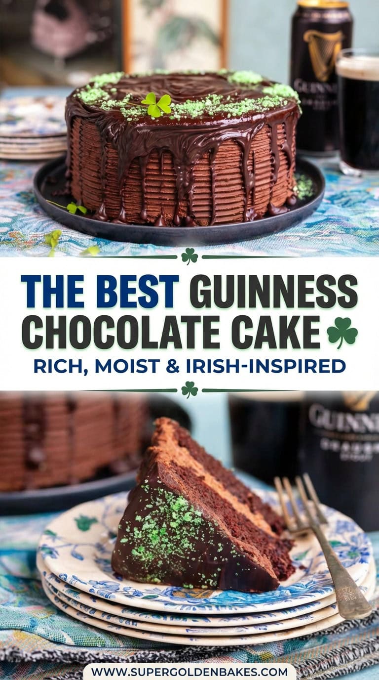 A rich Guinness Chocolate Cake with chocolate glaze and green sprinkles sits on a plate. Below, a slice is served on a floral plate. Text reads: The Best Guinness Chocolate Cake: Rich, Moist & Irish-Inspired.