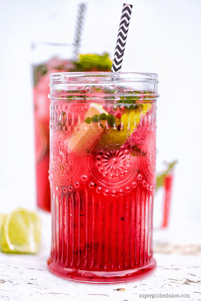 Close up on a glass of pink mojito drink
