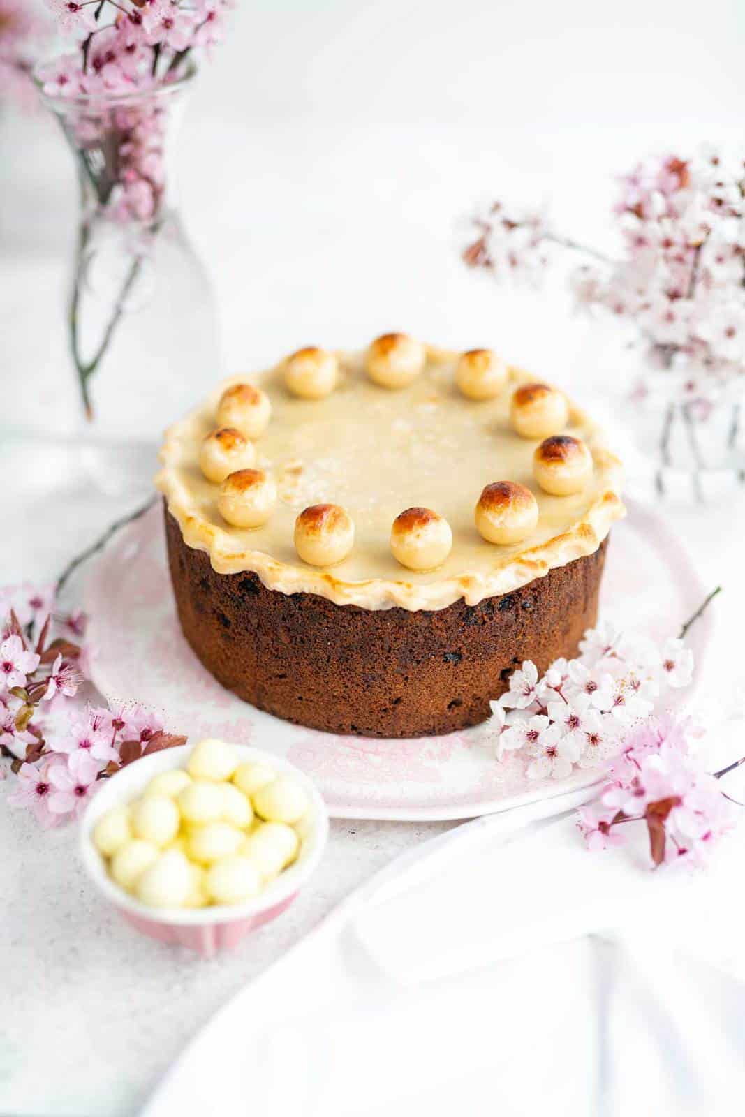 Easter Simnel Cake decorated with the traditional 11 marzipan balls
