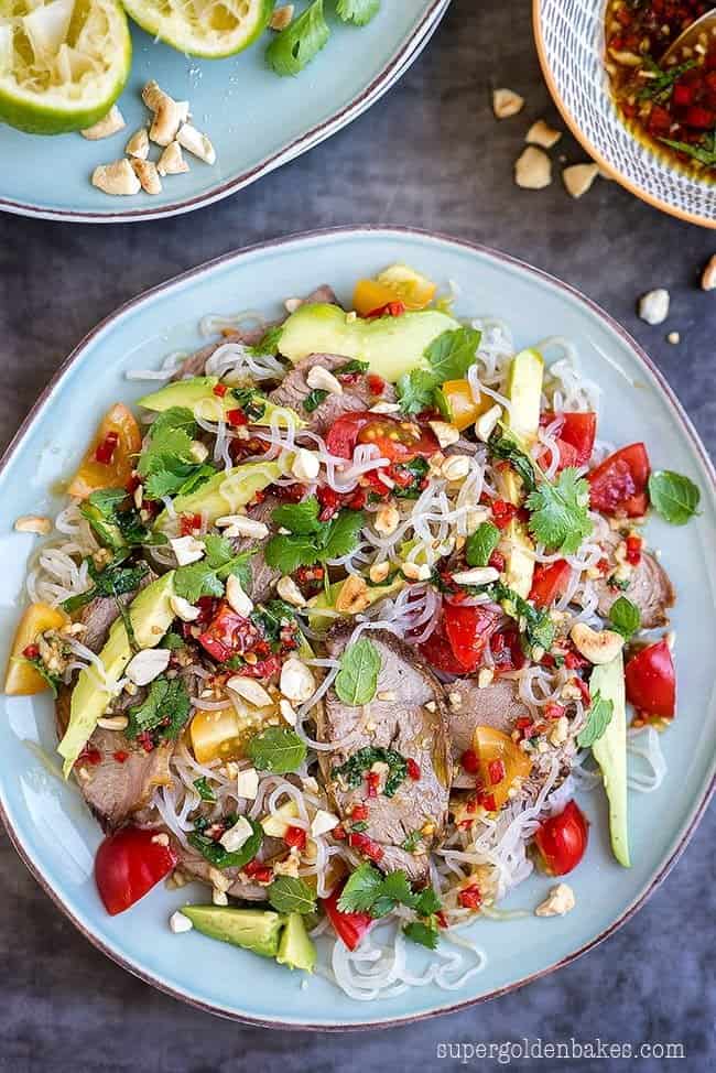 This Thai lamb salad is perfect for using any leftover roast lamb. Made with miracle (konjac) noodles it is a good meal for those on low calorie diet.