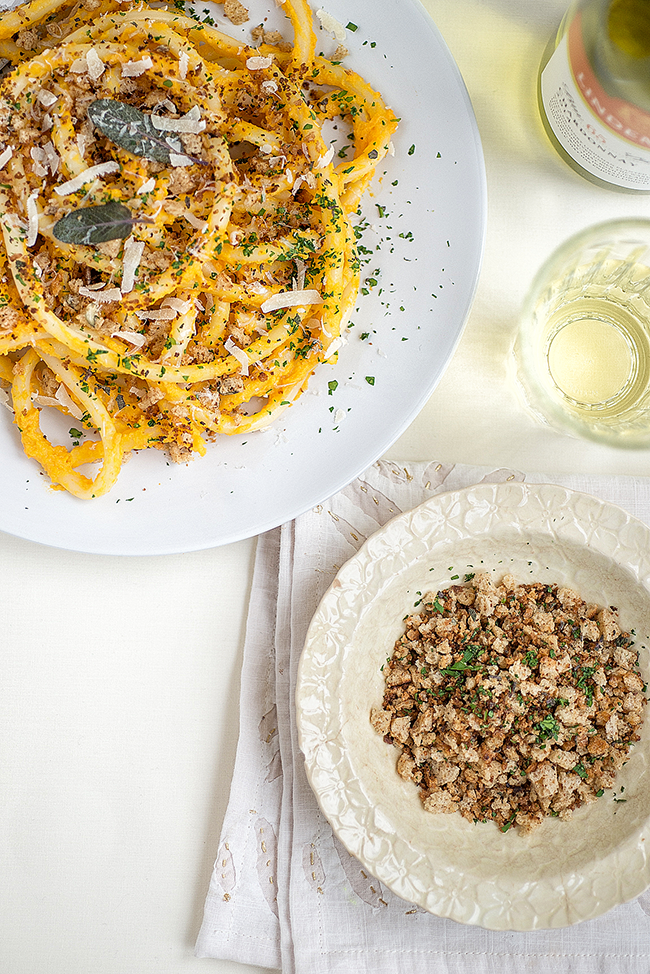 Pasta with squash carrot 'pesto' and garlic breadcrumbs 