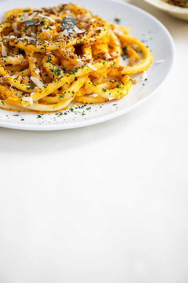 Pasta with squash carrot 'pesto' and garlic breadcrumbs 