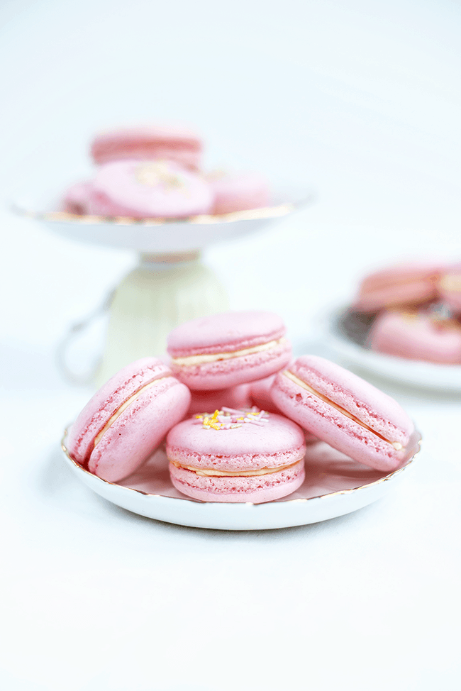 pretty pink French macarons on a plate