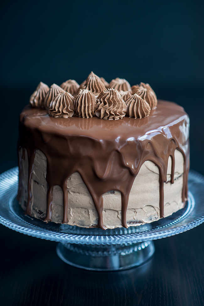 The ultimate chocolate Nutella layer cake, with three fudgy layers of chocolate sponge, whipped Nutella filling and glossy rich chocolate glaze.