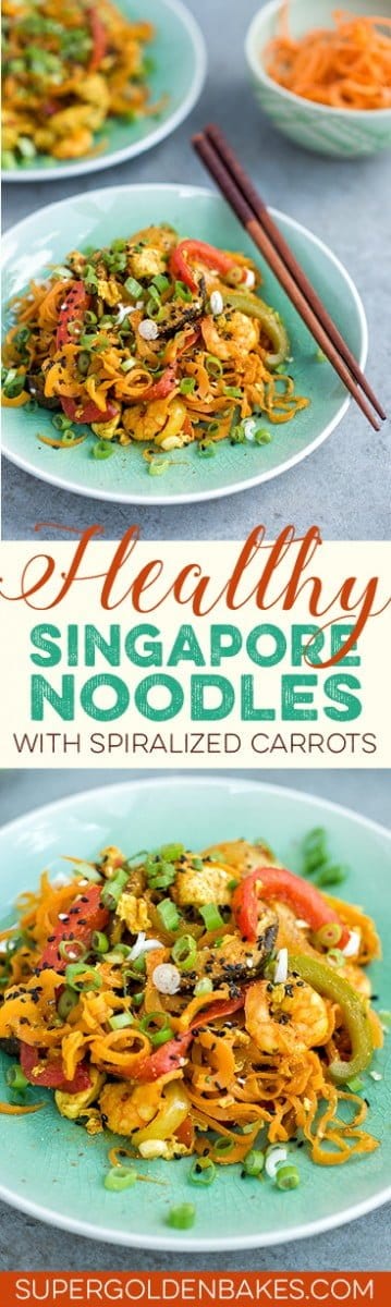 Healthy stir-fried Singapore noodles with spiralized carrots. Quick, easy and delicious.