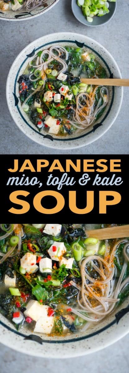 This Japanese miso, kale and tofu soup with buckwheat soba noodles is healthy, tasty, gluten free and ready in 10 minutes.