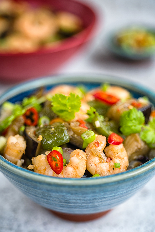 Chinese Eggplant Stir Fry with Prawns and Green Peppers