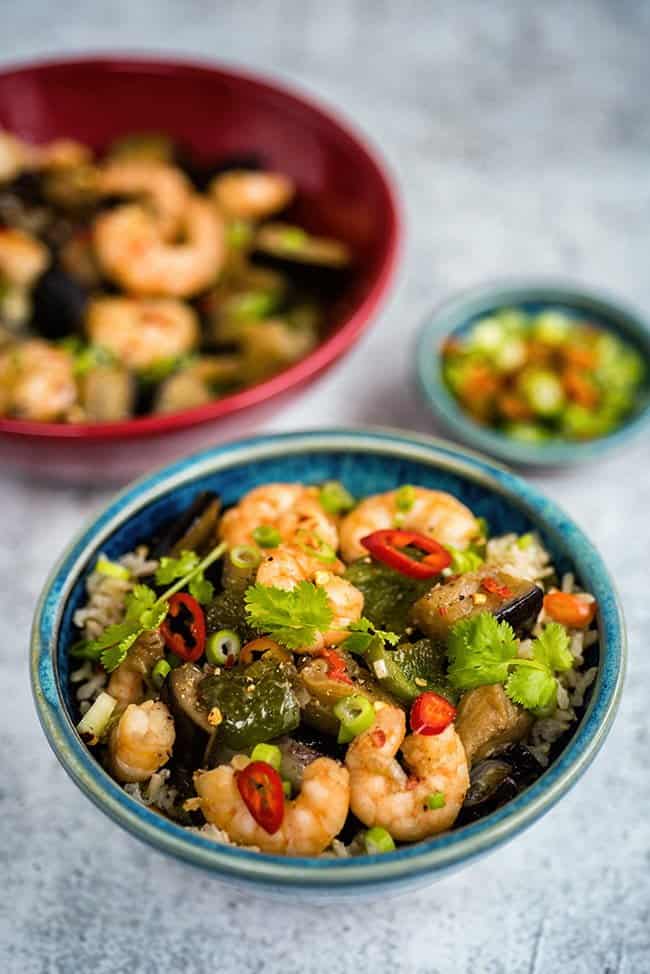 Chinese Eggplant Stir Fry with Prawns and Green Peppers