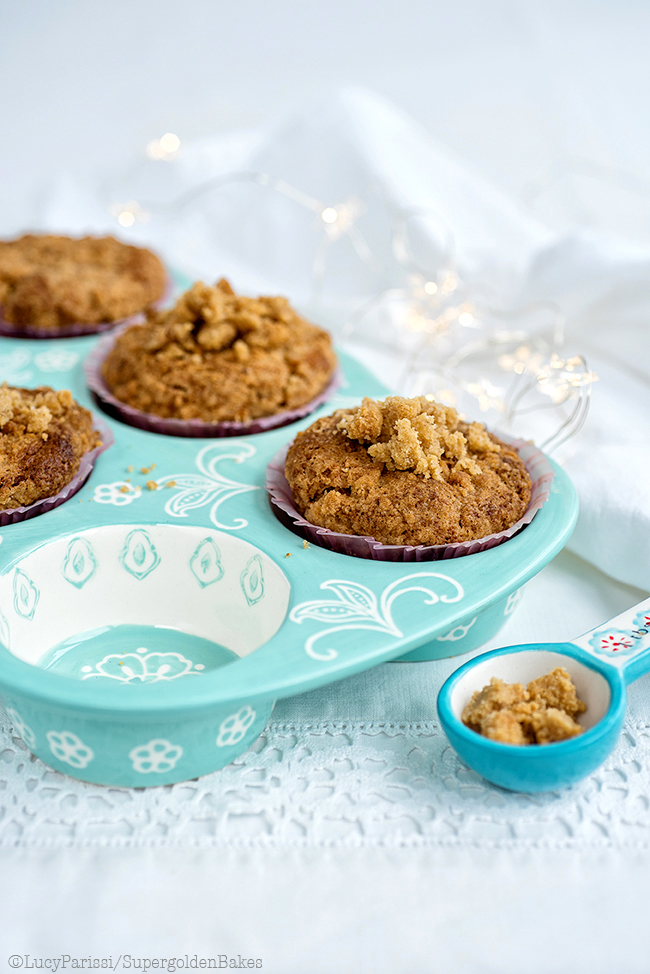 These fragrant spiced ginger, date and pecan muffins with streusel topping are perfect for breakfast or an afternoon pick-me-up with a cup of tea or coffee. 