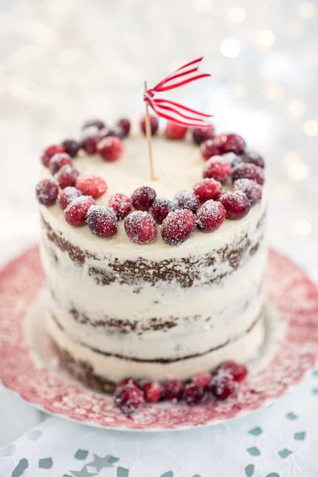 Cranberry and Walnut cake with frosted cranberries decoration