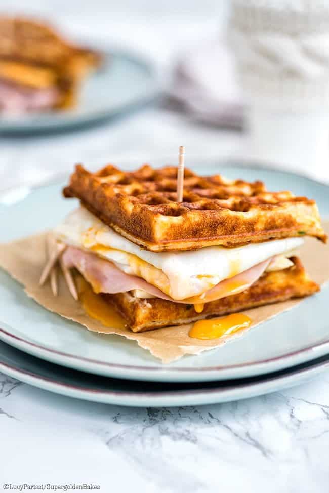 Parmesan waffle, ham, cheese and egg breakfast sandwich