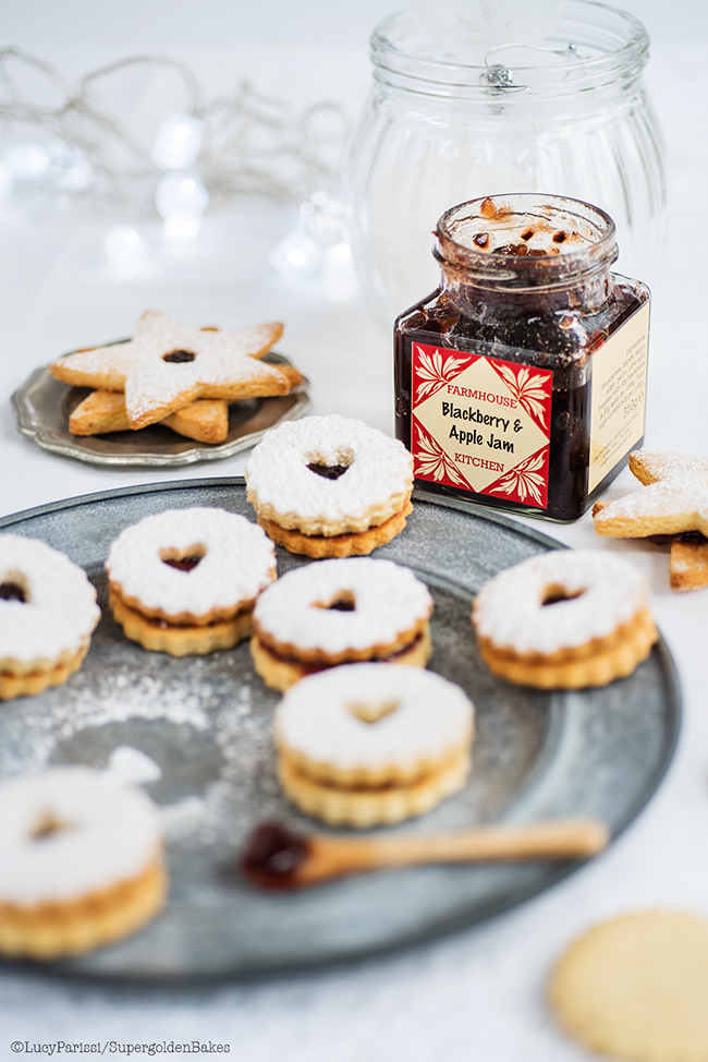 Spiced Almond and Cardamom Linzer Cookies with Blackberry and Apple Jam