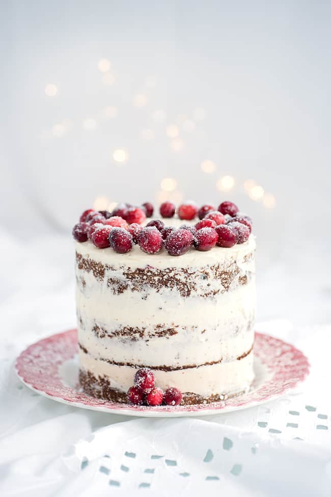Cranberry Walnut Layer cake with frosted cranberries 