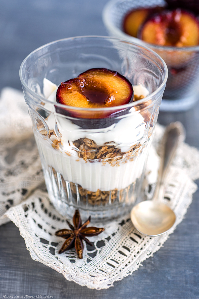 Homemade yoghurt with spiced roasted plums and granola
