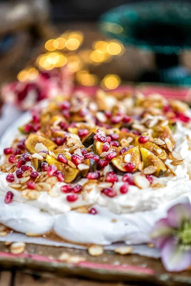 Festive Rosewater Pavlova with Syrup-soaked Figs and Pomegranate