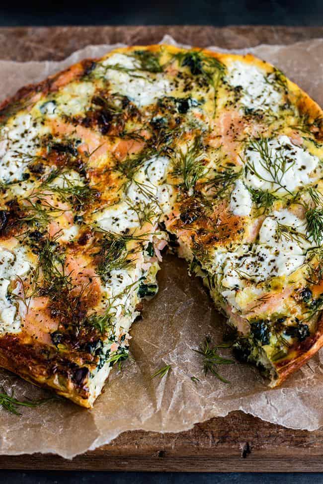 Cottage cheese kale and smoked salmon frittata