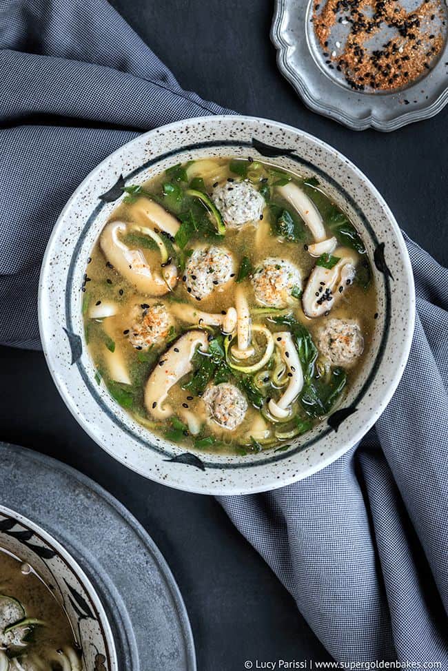 Low Carb Miso Soup with Turkey Meatballs and Zoodles