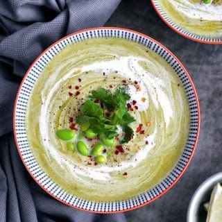 Thai-style vegan pea, edamame, chilli and coconut soup – delicious and packed with flavour.