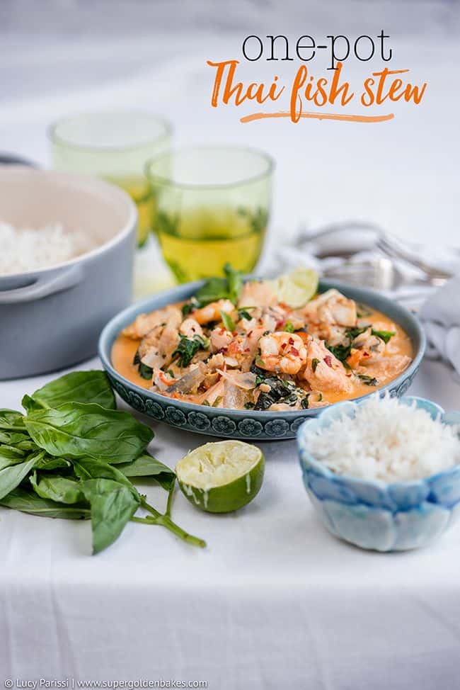 Bowl of Thai Fish Stew with rice served on the side