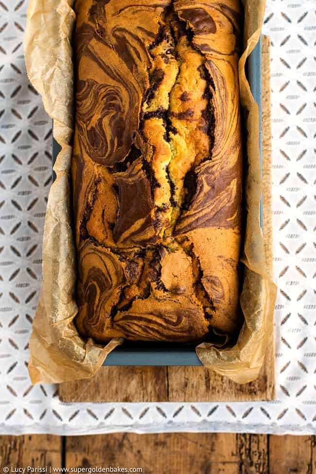 overhead view of marble pound cake in a loaf tin
