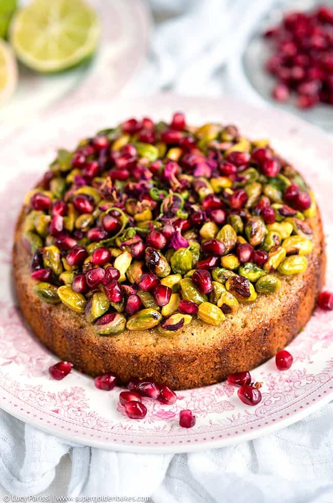 Pistachio and Lime Syrup Cake with Pomegranate Seeds
