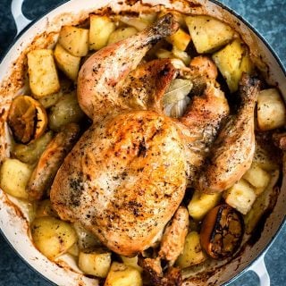 Slow roasted one-pot Greek chicken with potatoes, lemon and oregano. An incredibly simple recipe that's delicious and meant for sharing.