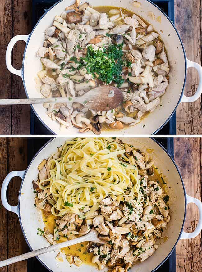 Tagliatelle Pasta with chicken and mushrooms collage