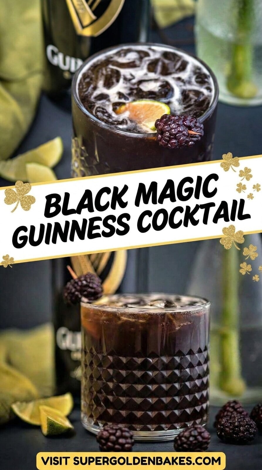 Two images of a dark-coloured Black Magic cocktail in a textured glass, garnished with a lime wedge and blackberry. The text overlay reads Black Magic Guinness Cocktail. Lime slices and a Guinness bottle appear in the background.
