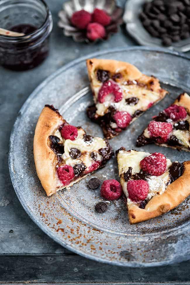 Brie, Chocolate and Raspberry Dessert Pizza