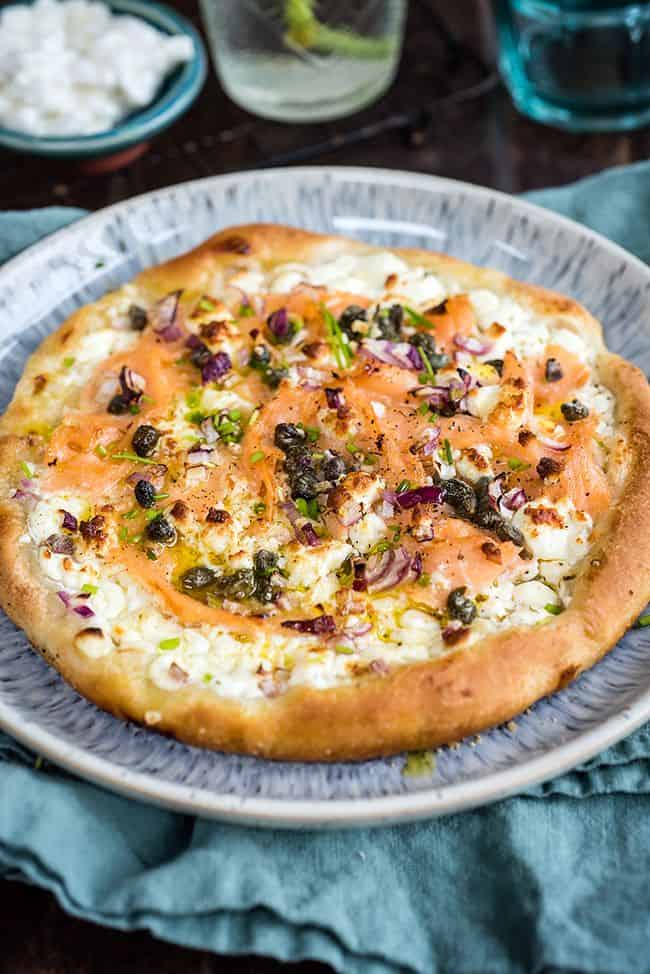 Goat's cheese and salmon skillet pizza