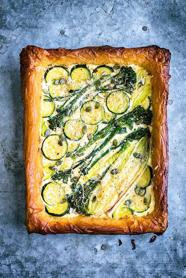 Spring Tart with Ricotta, Leek, Sprouting Broccoli and Courgette