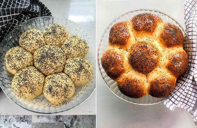 Glass baking dish with fluffy dinner rolls before and after baking