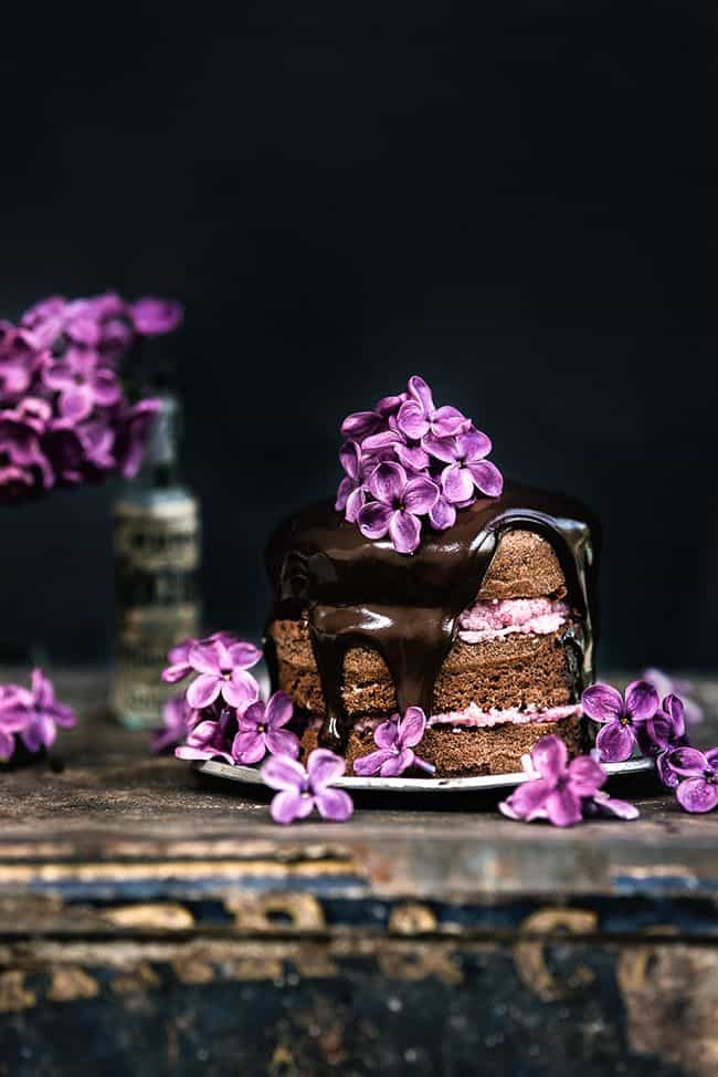 Mini Chocolate Almond Cakes with Blackberry Buttercream and Chocolate Glaze 