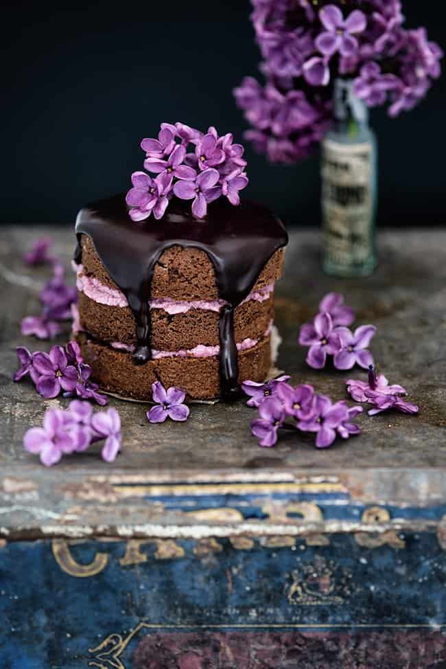 Mini Chocolate Almond Cakes with Blackberry Buttercream and Chocolate Glaze