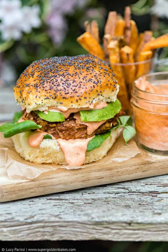Veggie Burger with Avocado and Sriracha Dressing on Hawaiian Bread Rolls  